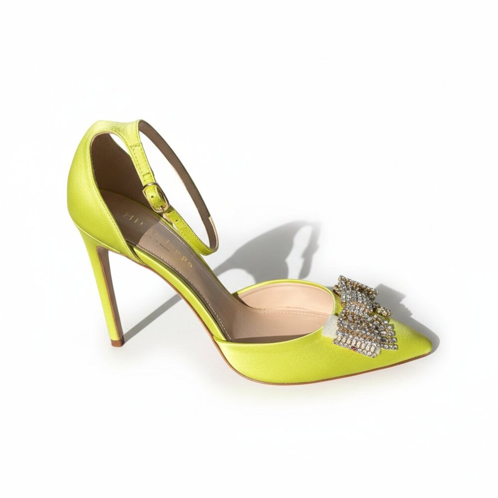 Dee Ocleppo Neon Yellow Satin Rhinestone Bow Stilettos – Size 38.5 – Sample